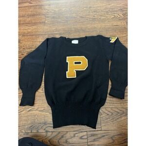 VTG Sand Knit Varsity Letter Sweater  Yellow "P" Black Knit V Neck Golf Patch 42